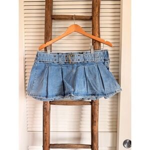 Almost Famous Denim Pleated Belted Skort Light Wash Blue Y2K Micro Mini L